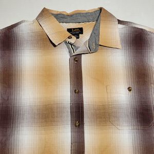 Lee Full Button LS Brown Tan Blurred Plaid Design - Size XL